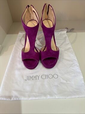 Jimmy Choo Magenta Suede High Heel Open-Toe Sandals